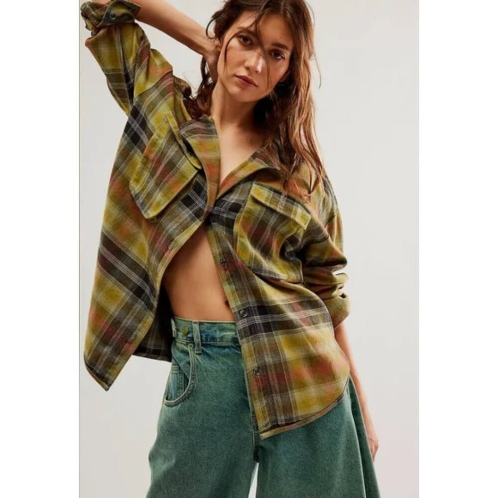 Free People Olive Green Plaid Button-Down Shirt